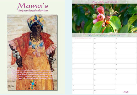 Verjaardagskalender met Surinaamse vrouw in koto aan de voorkant en Surinaamse natuur bovenaan elke maand.